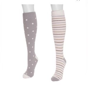 MUK LUKS 2 Pair Compression Knee High Socks, Grey-Stripes, Regular Calf Sz: 6-10